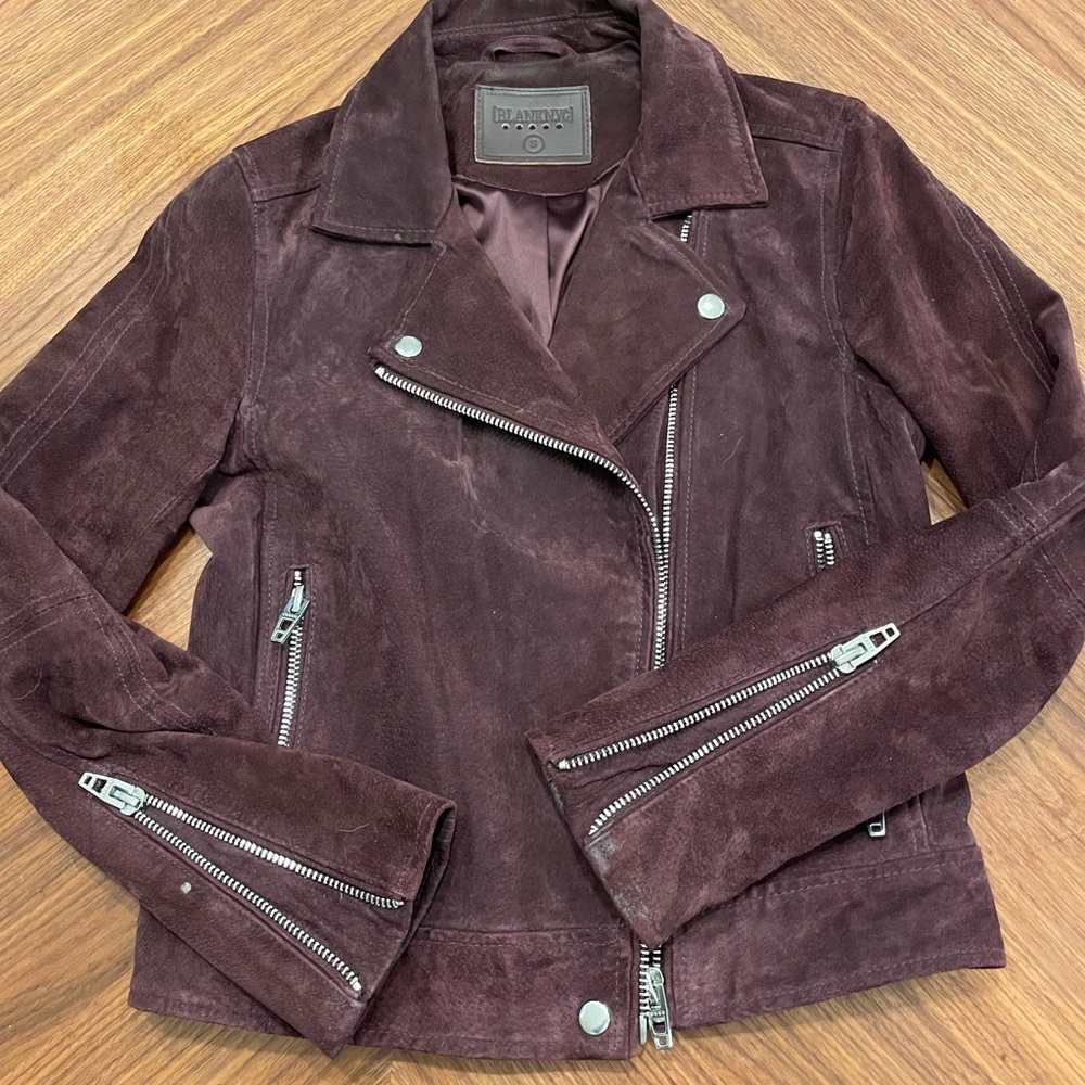 Free shipping-Blank NYC maroon suede leather biker jacket